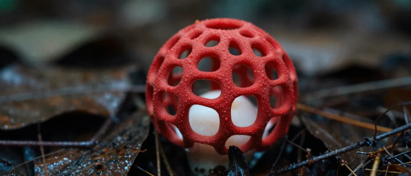 A red cage fungus on the forest floor