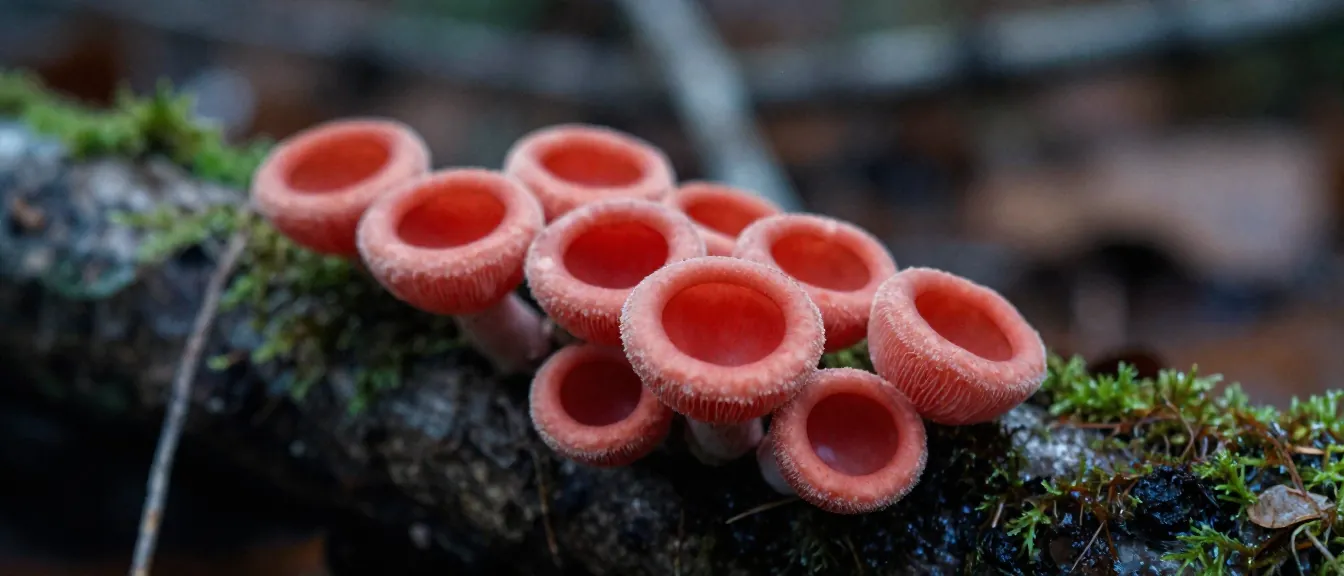 Scarlet cup fungi on a mossy stick
