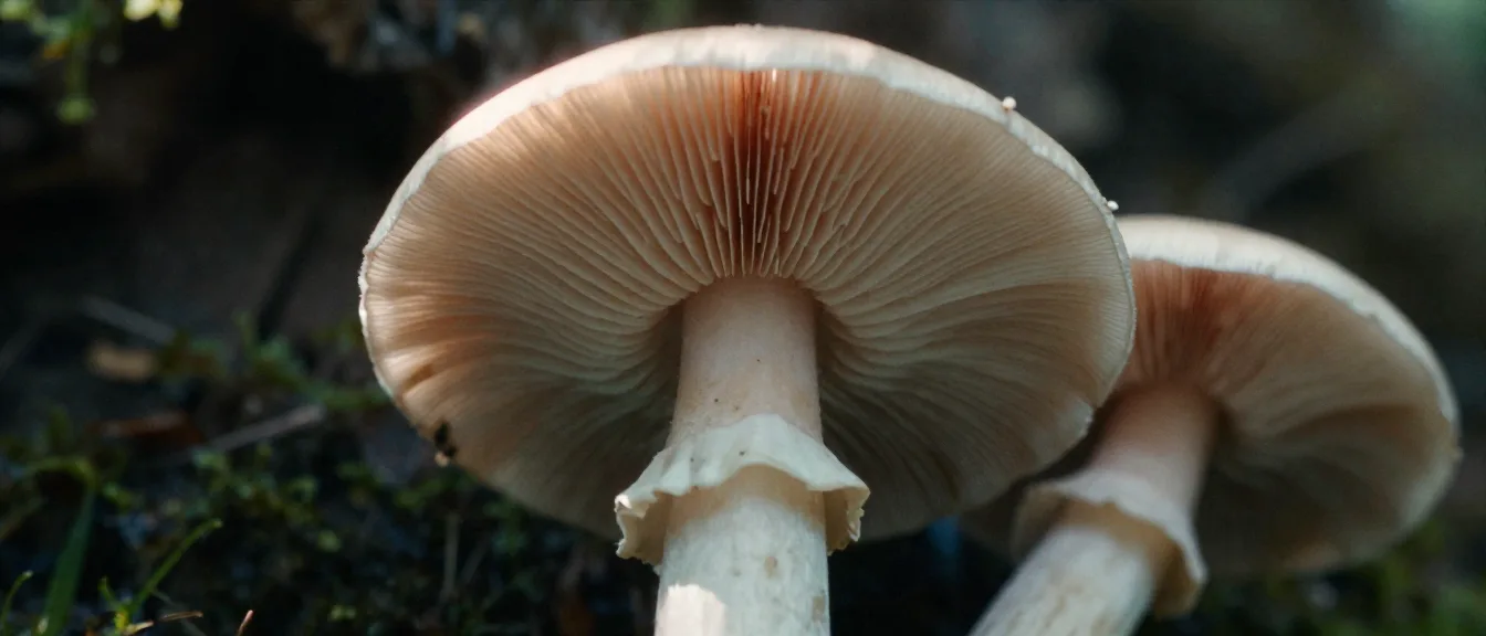 The gills under a mushroom cap, seen from below