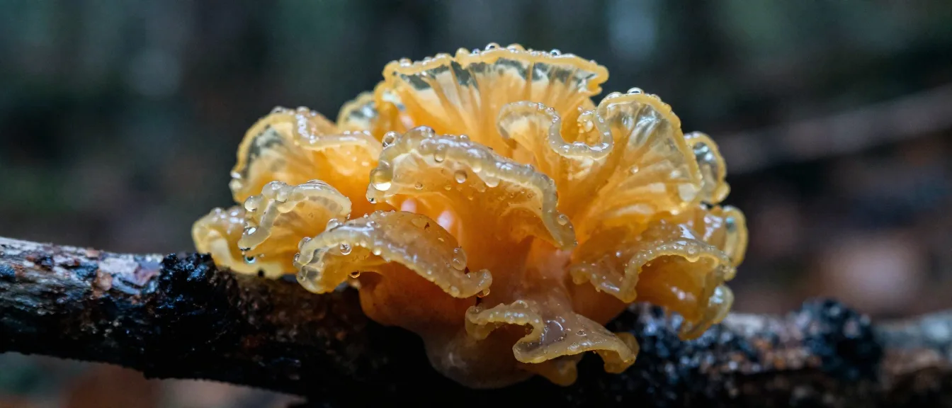 A golden jelly fungus on a wet twig