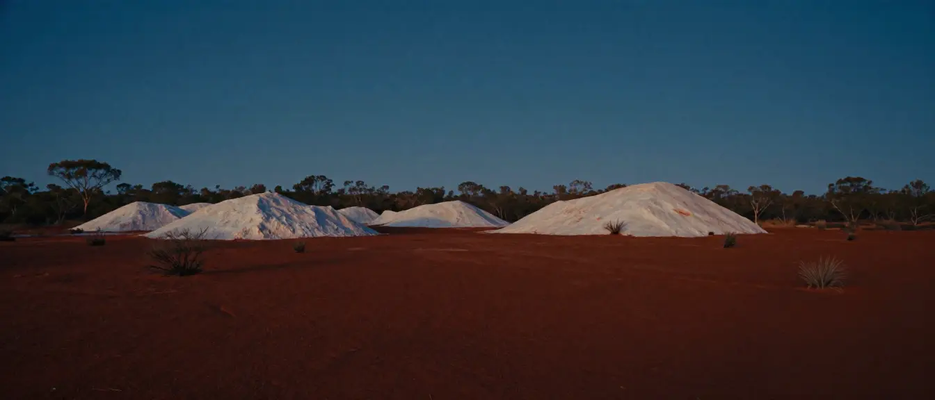 Pale opal diggings on red outback earth under a blue dusk sky