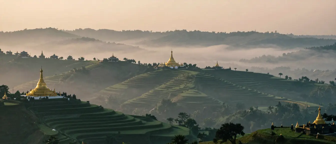 Golden pagodas on terraced hills above a valley in morning mist