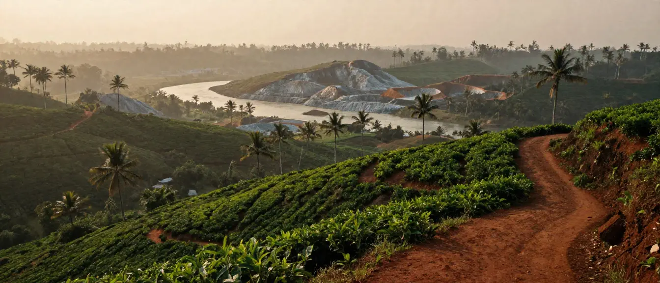Tea terraces and a red earth path above a river with pale gravel diggings