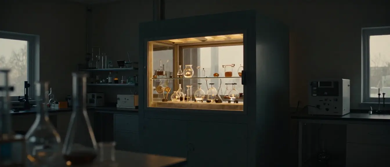 A dim laboratory with glassware lit inside a growth chamber