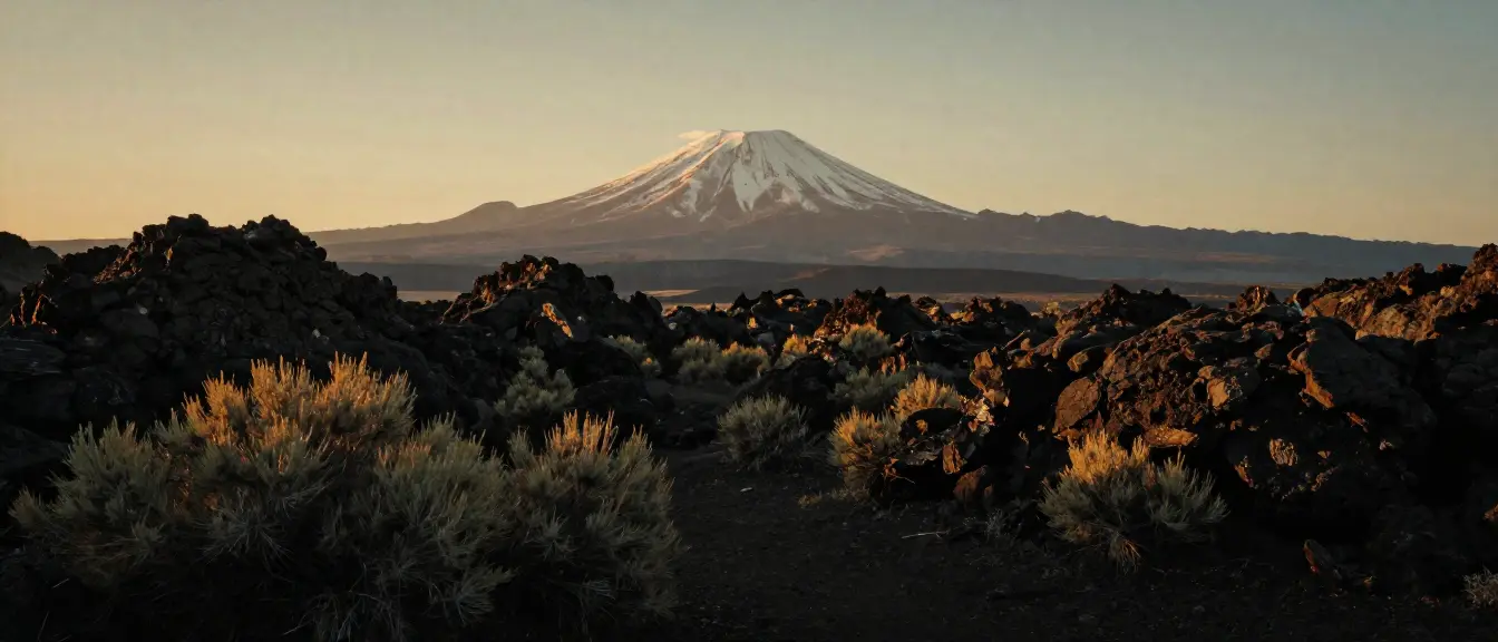 Dark lava rocks and sagebrush below a snow-capped volcano at sunset