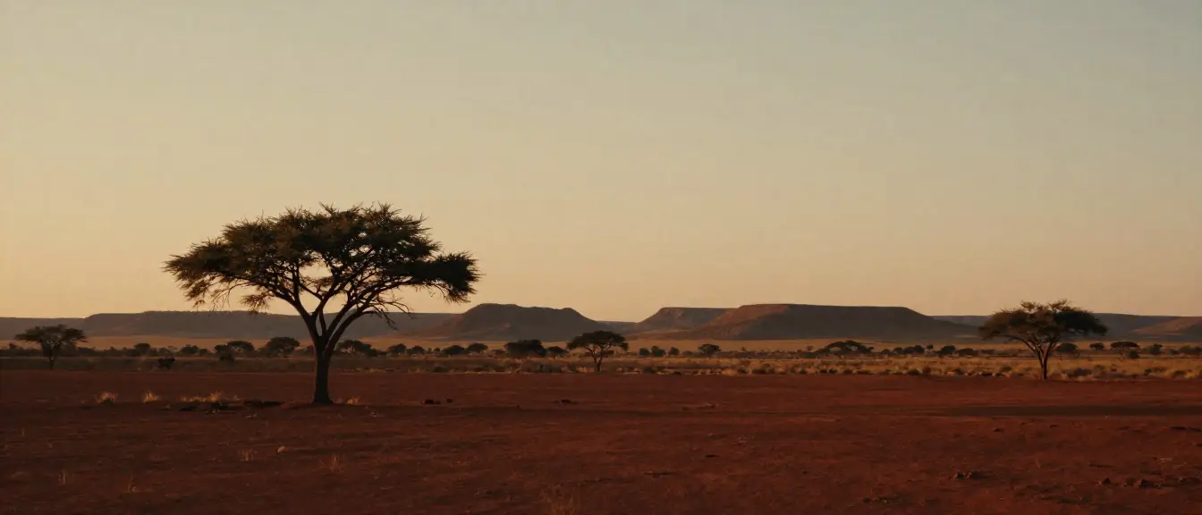 Red earth, acacias and flat-topped hills of the Karoo at sunset